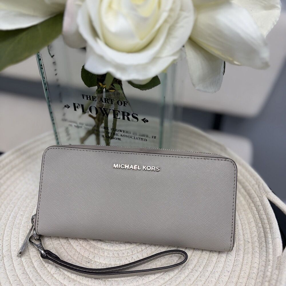Michael Kors Jet Set Travel Grey Saffiano Leather Continental Zip Wristlet Bag